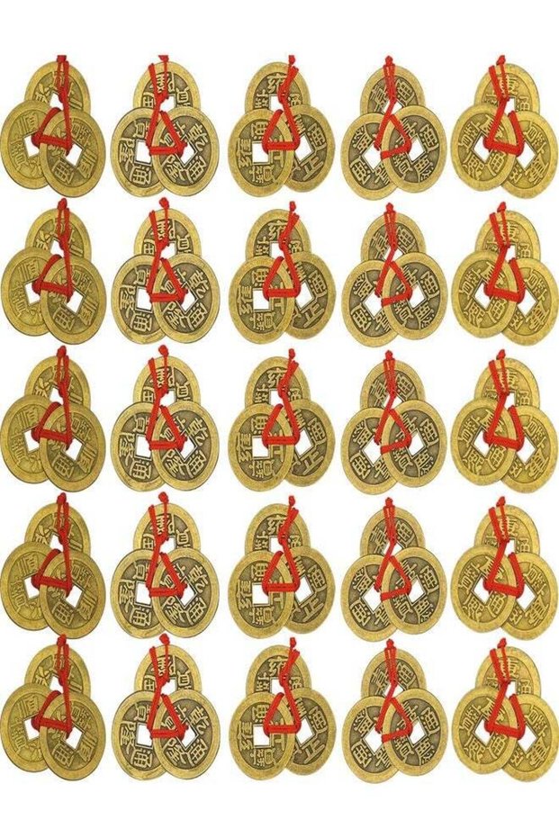 25 set Chinese Feng Shui Coins with Red String I-Ching Coins Fortune Coins Good Luck Coins Traditio