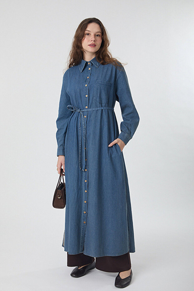 Deep Side Slits Long Denim Shirt Light Blue