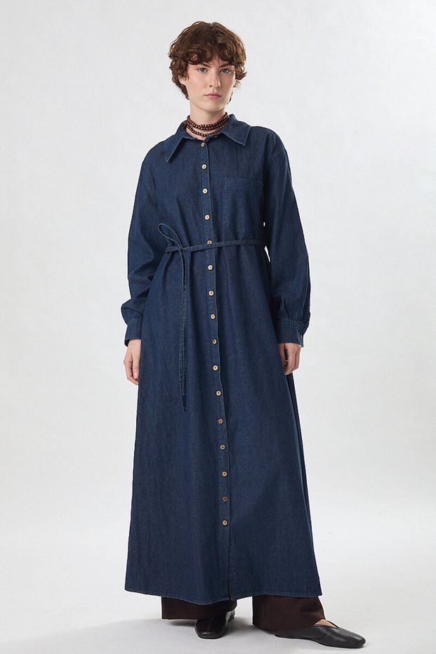 Long Denim Shirt with Deep Side Slits in Dark Blue