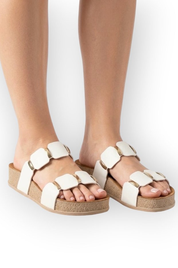 Women's Stone Detailed Cork High-Soled Slippers White