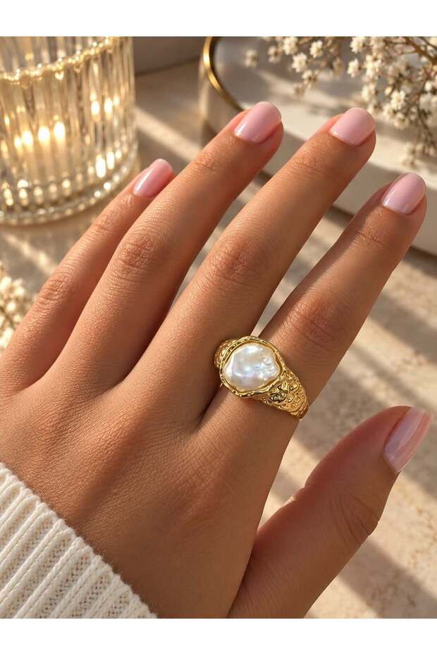 Gold Steel Ring with Pearl Detail
