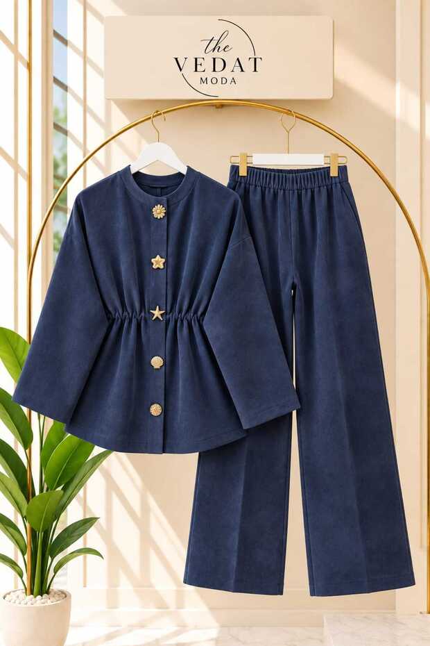 Women's Suede Fabric Trousers Set with Bronchial Detail -0650