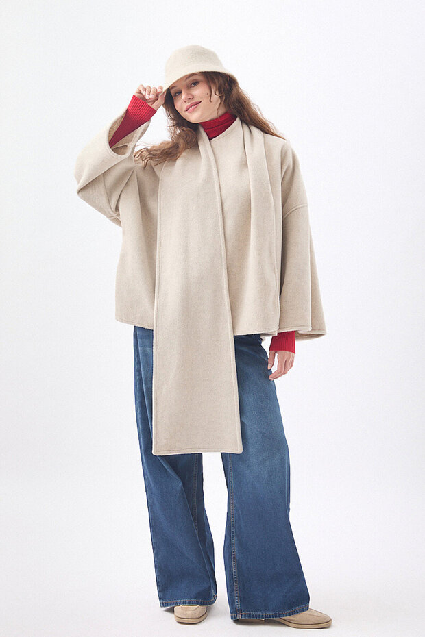 Short Coat with Scarf Ecru