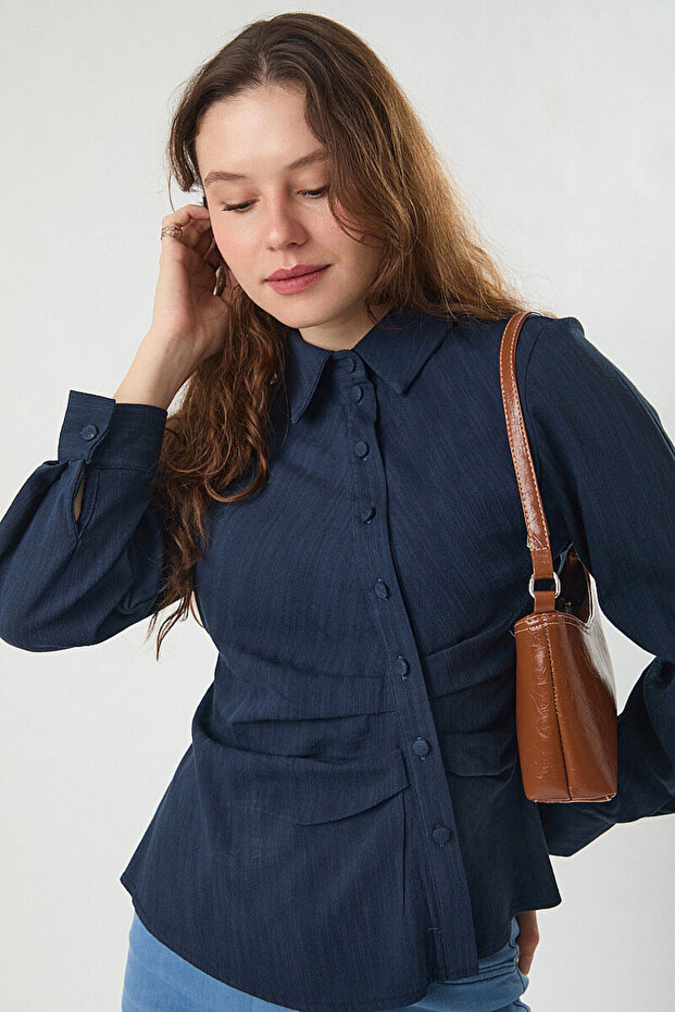 Flared Linen Shirt Navy Blue