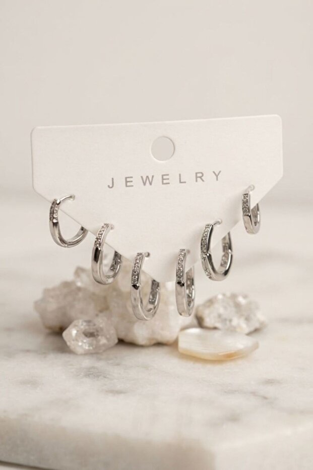 Silver Color Zircon Stone Brass Thin Square Hoop Model Women's Earring Set