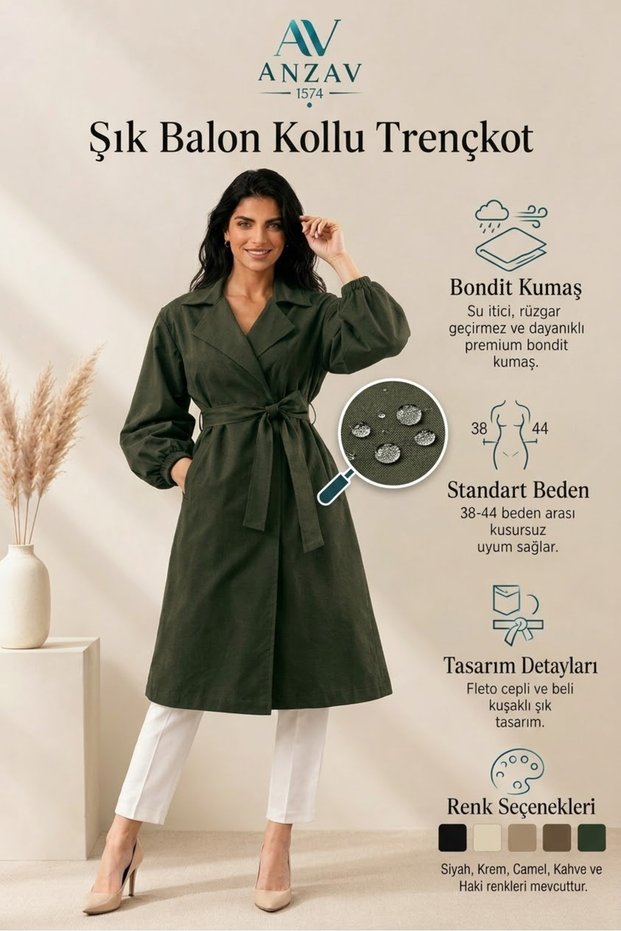 Stylish Balloon Sleeves, Waist-Tied Bondit Fabric Women's Trench Coat - Elegance and Comfort in One
