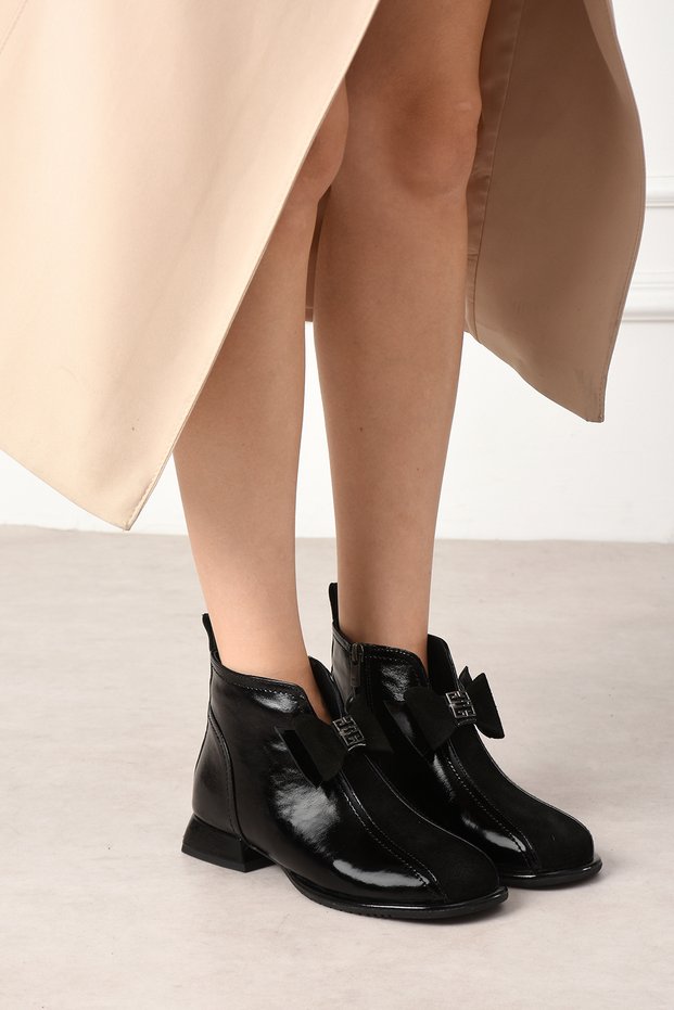 Amabella Genuine Leather Women's Short Boots with Bow Detail, Daily Stylish Boots and Shoes
