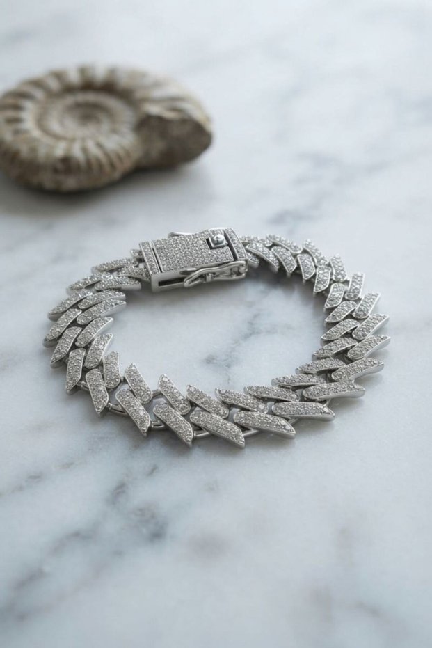 Silver Color Zircon Stone Cuba Chain Model Men's Bracelet
