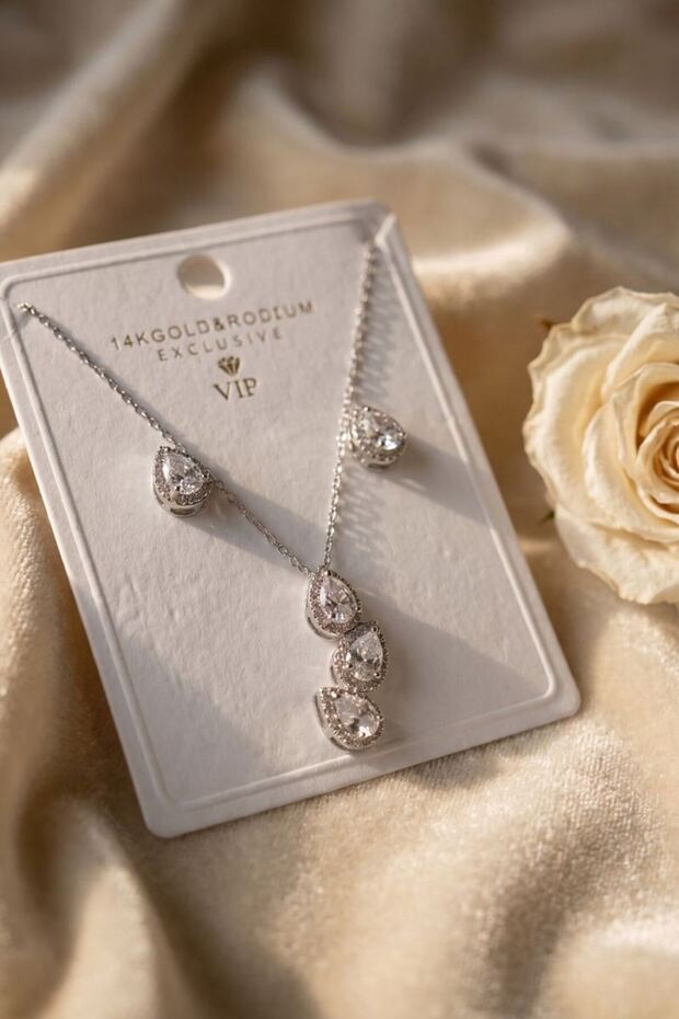 316L Steel Chain Silver Color Zircon Stone Drop Model Women's Necklace Earring Set