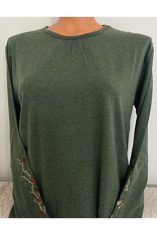 Er Clothing Winter Cotton Combed Cotton Blouse with Long Sleeves, Crew Neck, Embroidered Sleeves, Green
