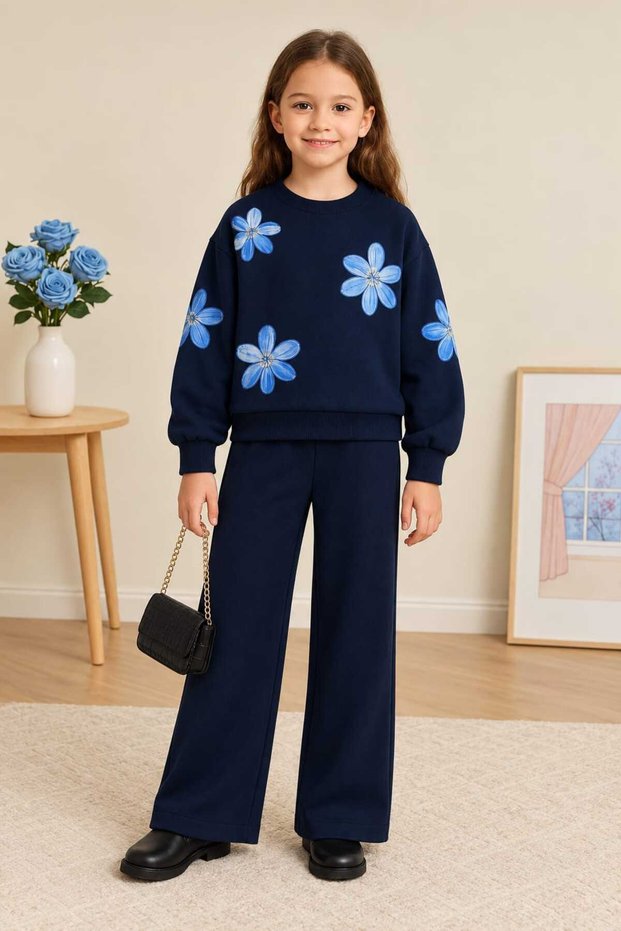 Navy Blue Floral Print Girls' Two-Piece Set (Sweatshirt and Wide-Leg Pants)