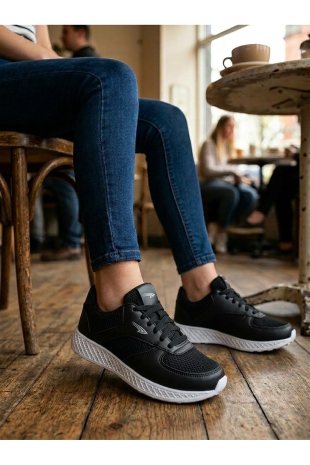 Women's Black and White Sole Mesh Anorak Laced Lightweight Sneaker Comfortable Running Shoes with Non-Slip Soles