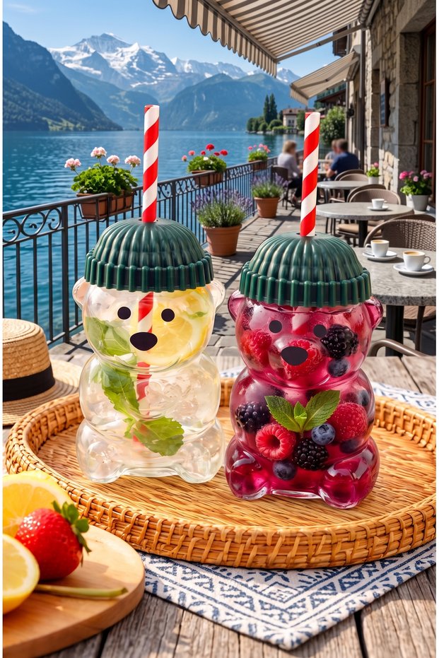 2-Pack 550 ml Glass Cold Drink Cup with Barista Teddy Bear Figure – with Straw Lid, Cute Design, Mug Cup