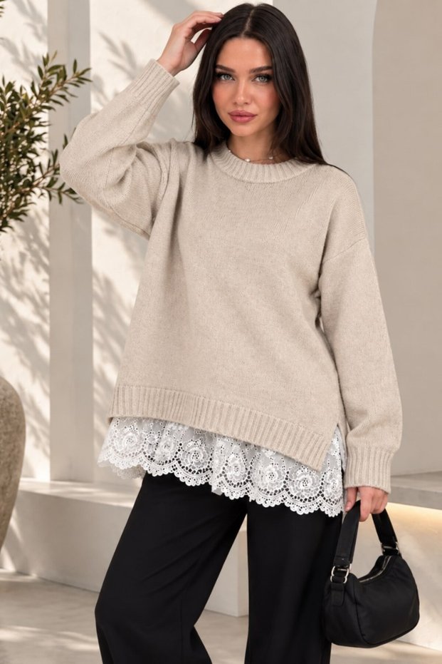 Women's Knitwear Sweater Oversize Drop Shoulder Lace Detailed Long Sleeve Crew Neck Ribbed Knitted Sweater