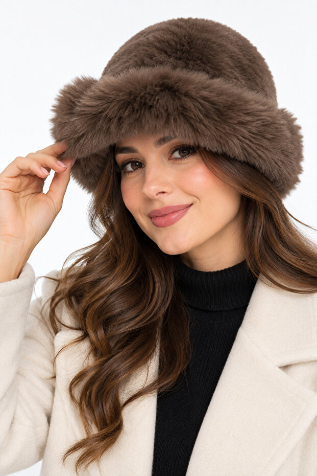 Women's Winter Plush Hat Soft Furry Textured Warm Keeping Wide Brim Bucket Hat
