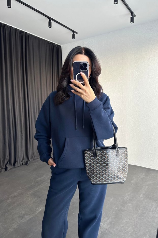 Navy Blue 3-Threaded Hooded Kangaroo Pocket Sweatshirt with Elastic Waist Sweatpants Set