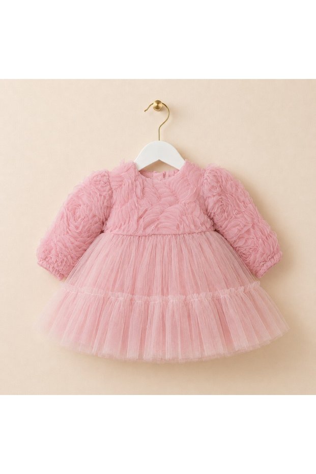 Pearl Rose Bow Back Pearl Detailed Baby Girl Long Sleeve Special Occasion Dress