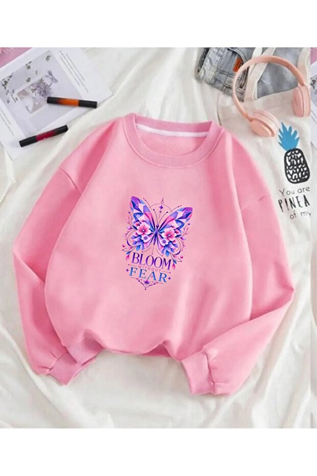 Women's Winter Sweatshirt Purple Pink Butterfly Flower Printed Oversize Crew Neck Sweatshirt Bloom Fear Printed