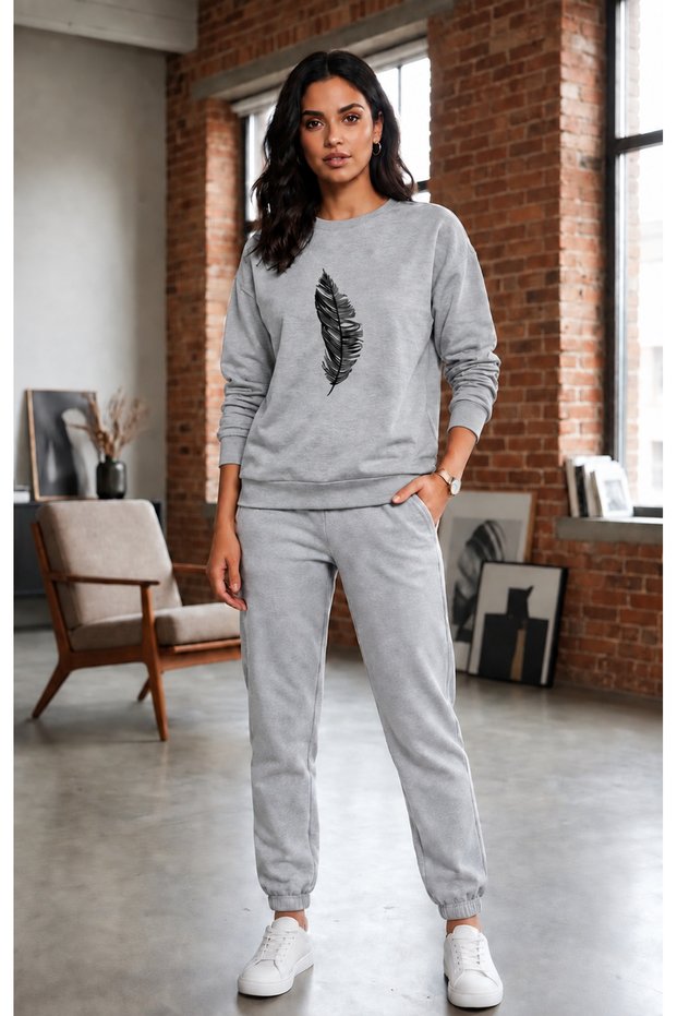 Zero Collar Sweat Suit 2-Piece Combination Winter Sharp Feather Printed Women's / Girls' Model