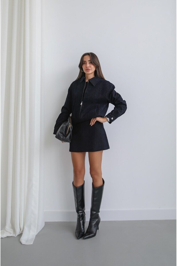 Navy Blue Velvet Soft Textured Jacket Skirt Set