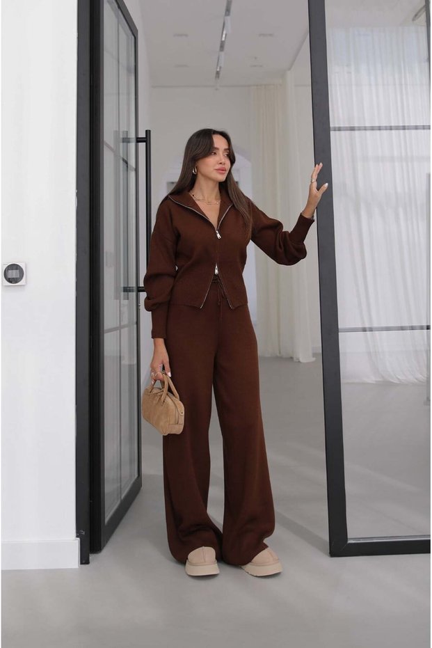 Brown Fens Double Zipper Cardigan Pants Knitwear Set