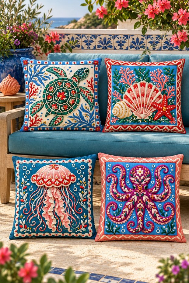 Printed Embroidery Sea Creatures Patterned 4-Piece Throw Pillow Cover Set