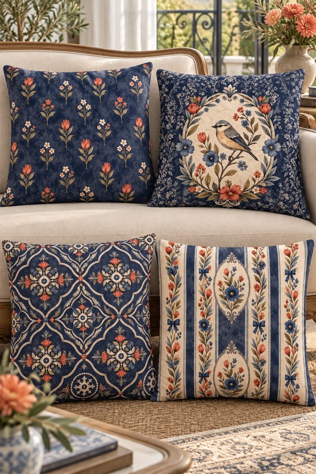 Bird and Flower Patterned 4-Piece Throw Pillow Cover Set