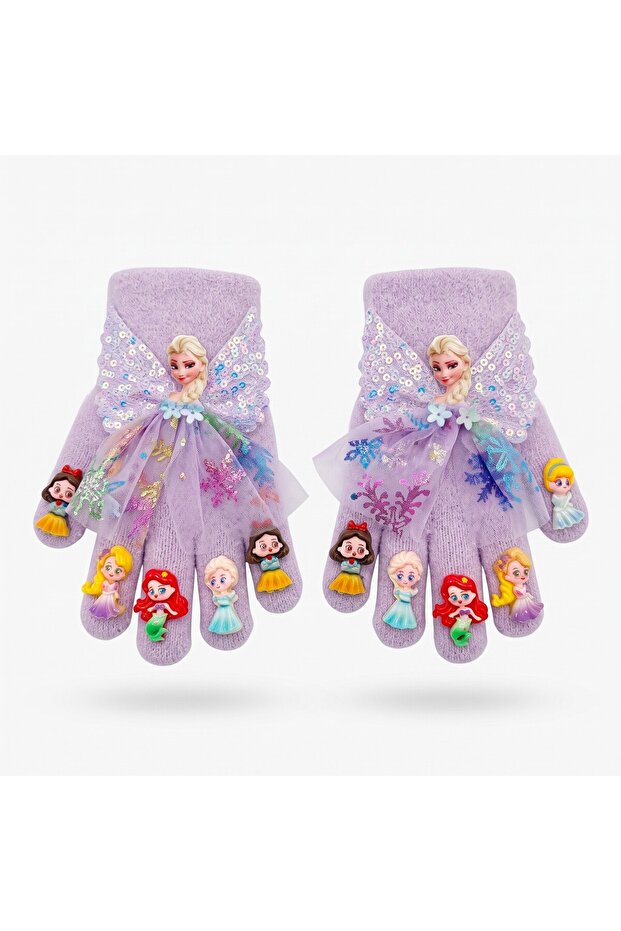 Girl's Princess Figured Tulle Lycra Knitted Gloves | 3-8 Years Old Warm Winter Gloves with 3D Baby Finger Tips
