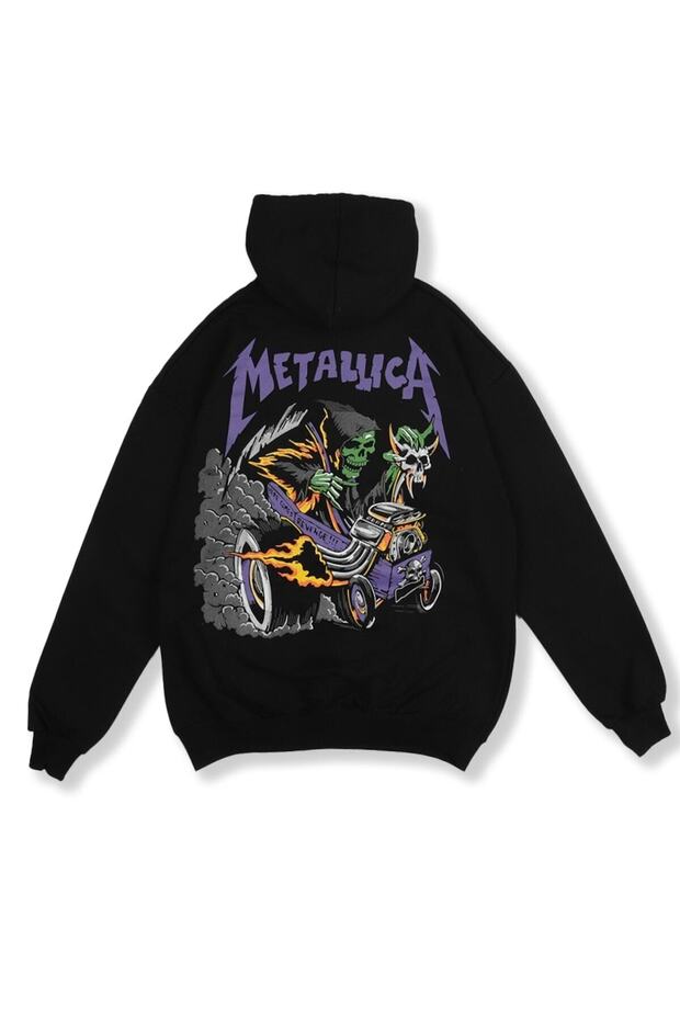 Metallica Purple Printed Black Oversize Hooded Sweatshirt