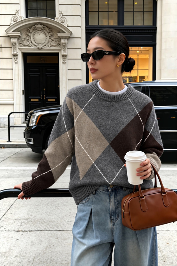 Crew Neck Diamond Patterned Women's Oversize Knitwear Sweater