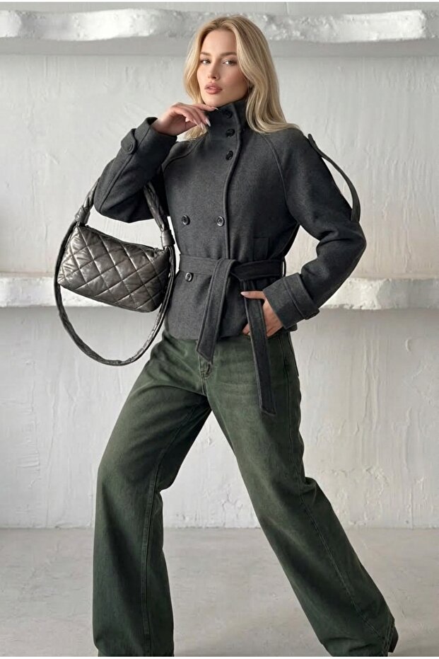 Agli̇mmer Comfortable Fit Women's Stand Collar Belted Short Lined Smoked Cashmere Coat