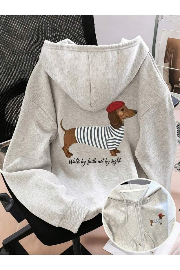 Cute Dog Sweatshirt Zip-Up Cardigan - Printed Oversized Winter Hoodie with Pockets