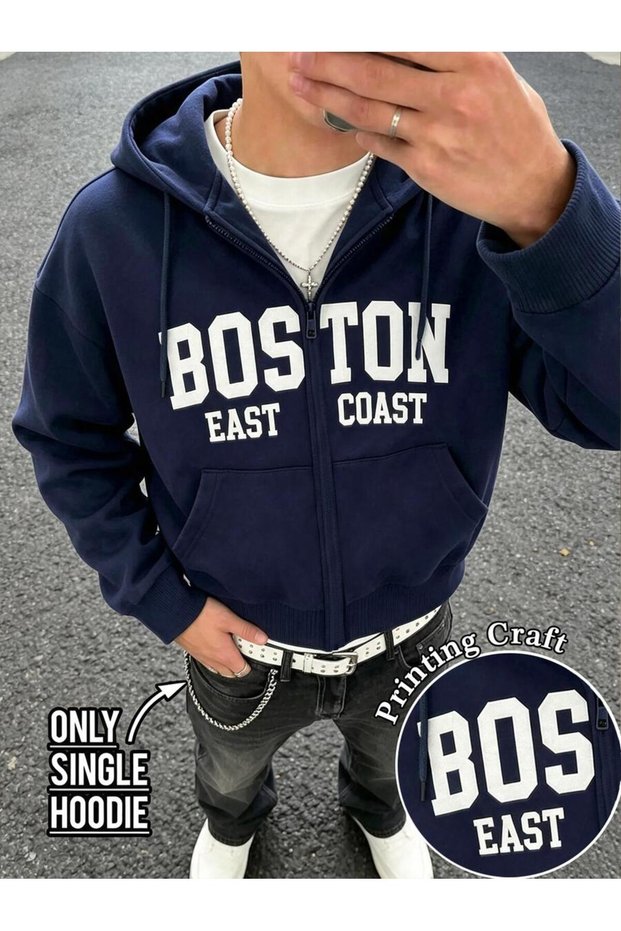 Boston East Coast Sweatshirt Zip-Up Cardigan - Printed Oversize Pocket Winter Hoodie