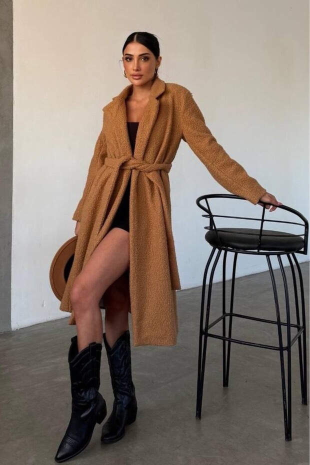 Women's Long Sleeve Belted Lined Boucle Textured Midi Length Coat