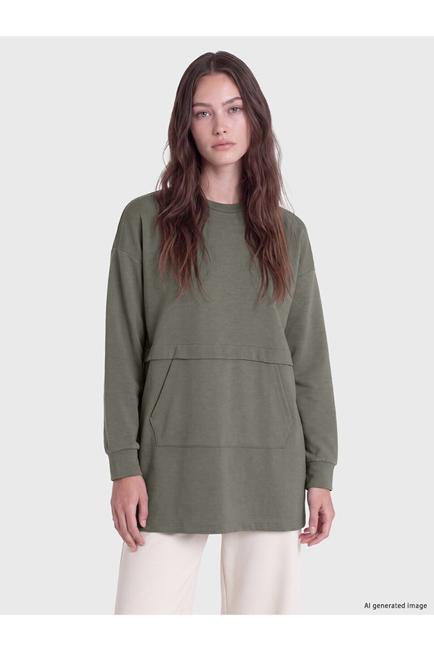 Two Mt Shop Quality Lcw Modest Green Interlock Plain Comfortable & Relax Women's Sweatshirt Tunic