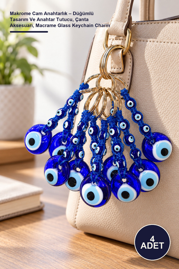 4 Pieces Macrame Glass Keychain – Knotted Design and Key Holder, Bag Accessory, Macrame Glass Keychain Charm
