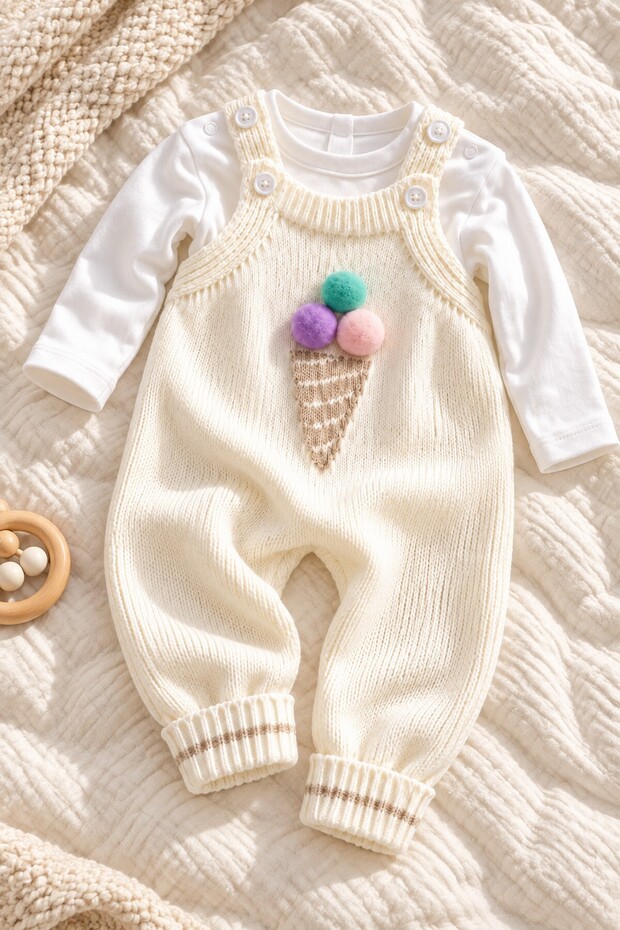 Baby Girl Knitted Ice Cream Detailed Salopet Jumpsuit Long Sleeve Set of 2 3 6 9 12 Months