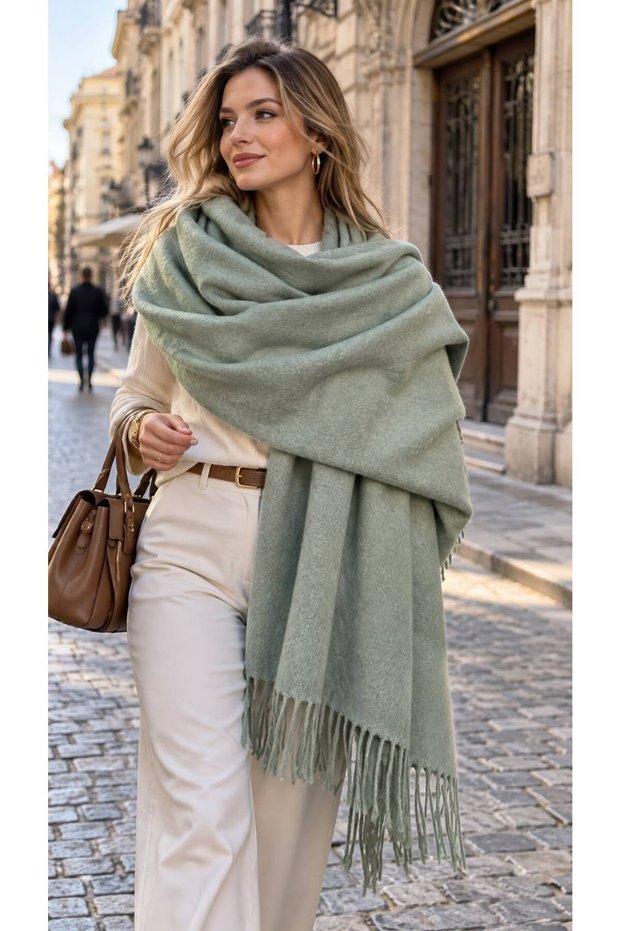 Mint Lux Soft Textured Tasseled Boucle Shoulder Women's Shawl 70X180 cm