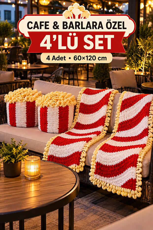 Cafe Bar Shawl Set of 4 60X120 cm Popcorn Themed Puffy Knitted Single Person Knee Blanket Terrace Garden