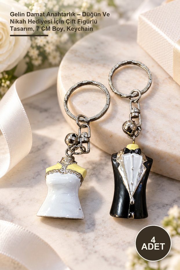 4 Pieces Bride and Groom Keychain – Couple Figured Design for Wedding and Marriage Gift, 7 cm Length, Keychain