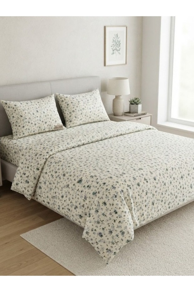 Ranforce Cotton Fabric Double Bedding Set White with Green and Blue Flowers
