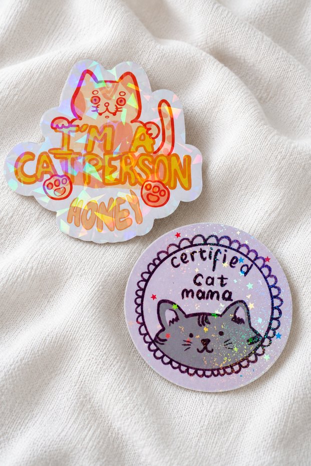 Cat Person and Cat Mama 2-Piece Hologram Laminated Sticker Set – Laptop, Notebook, Agenda