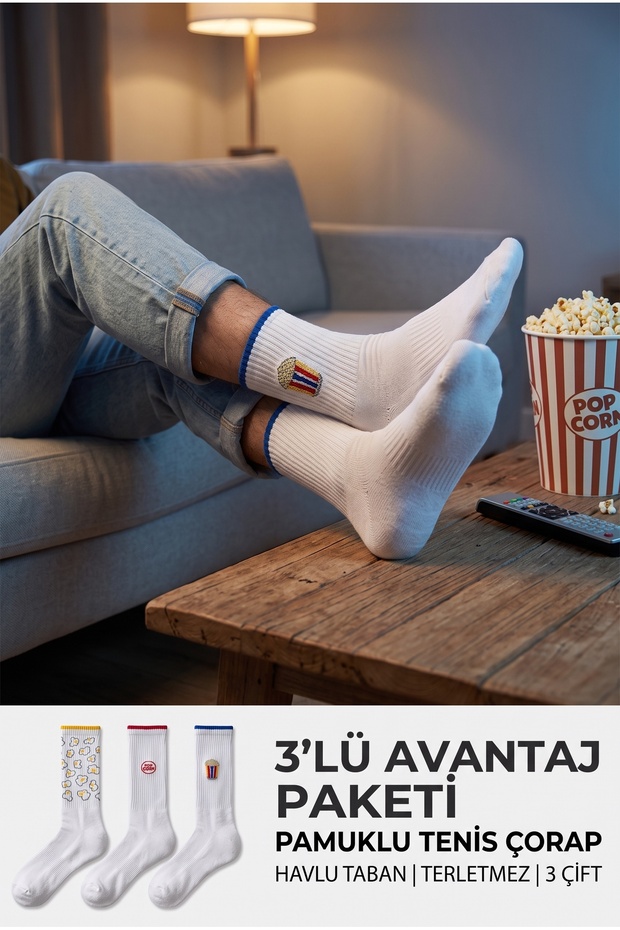 Men's White Cotton Popcorn Patterned Tennis Socks 3-Pack Towel Sole