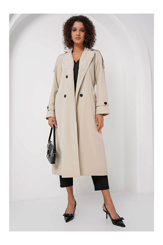 Double-Breasted Collar Long Beige Women's Trench Coat 5941