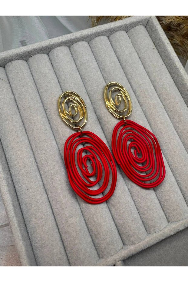 Gold and Red Color Wire Wrapped Spiral Design Dangle Women's Earrings