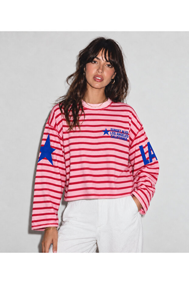 Women's Pink Red Striped Los Angeles Star Printed Crew Neck Long Sleeve Oversize T-Shirt