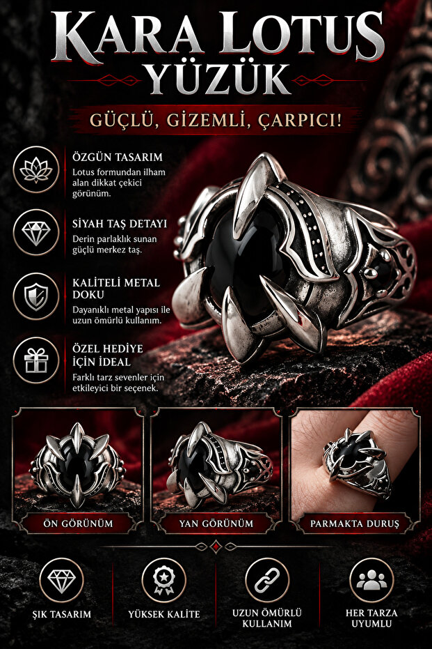 Kara Lotus Black Stone Gothic Ring