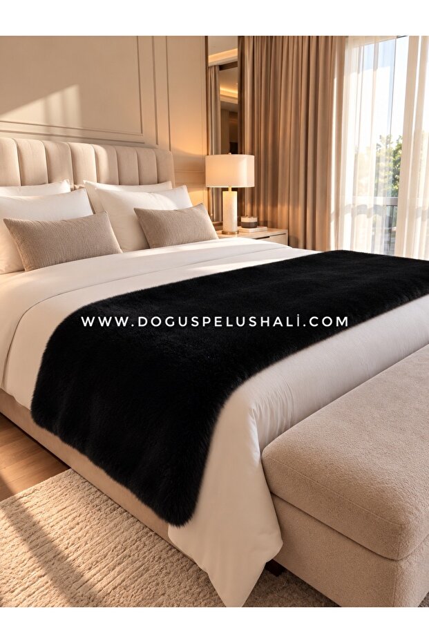 Ultra Soft Fluffy Black Plush Bed End Runner