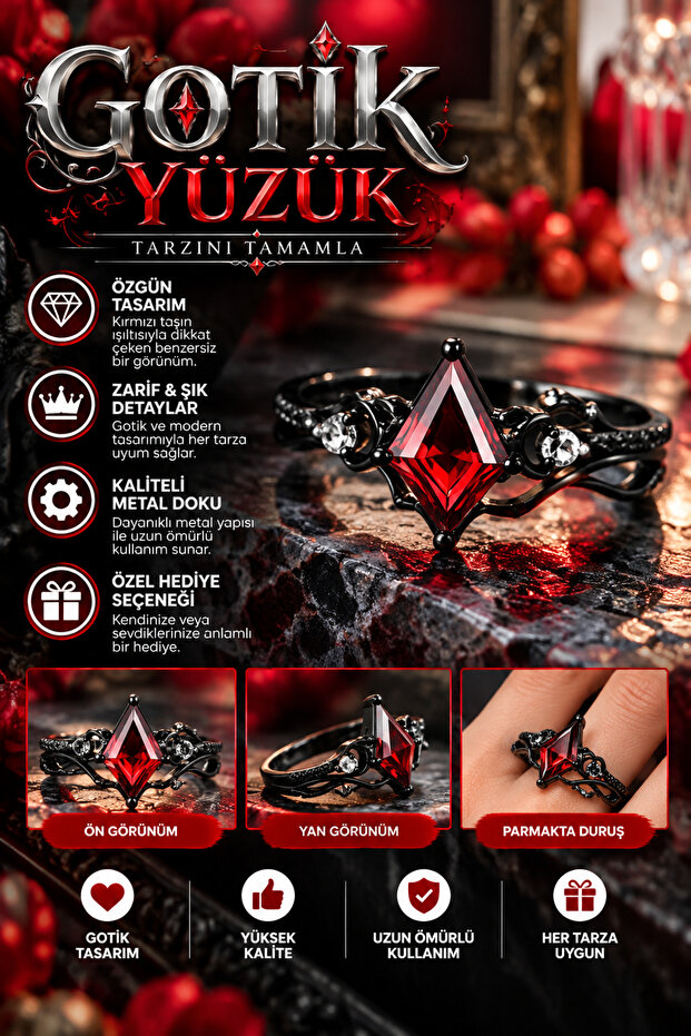 Geometric Cut Gothic Red Stone Black Ring