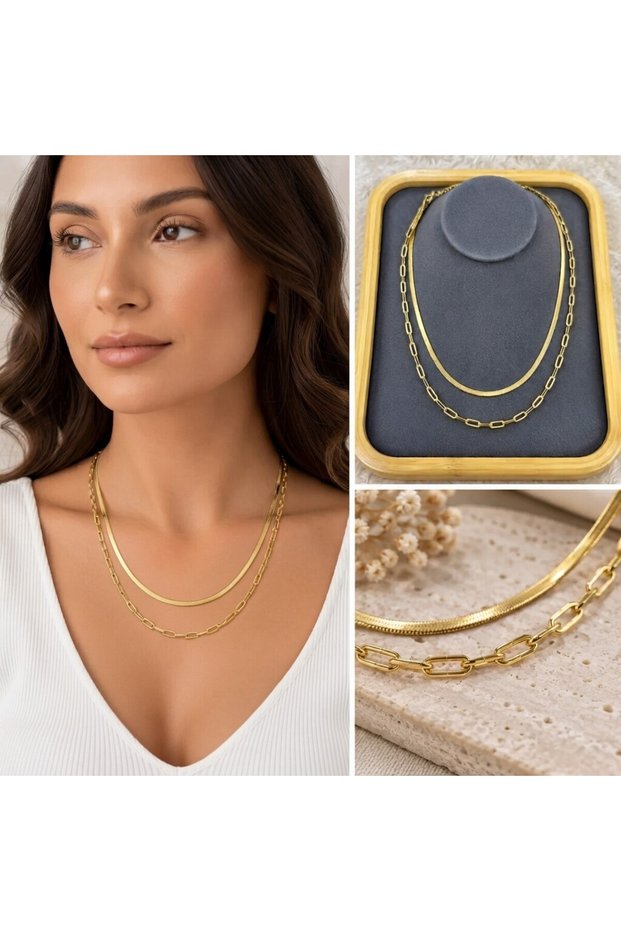 💎 Premium Shiny and Stylish Gold Color Double Chain Women's Steel Necklace (45cm)